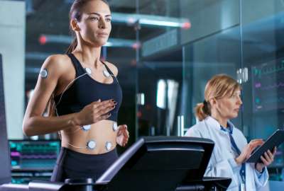 Woman on treadmill with sensors, doctor monitoring data on tablet.