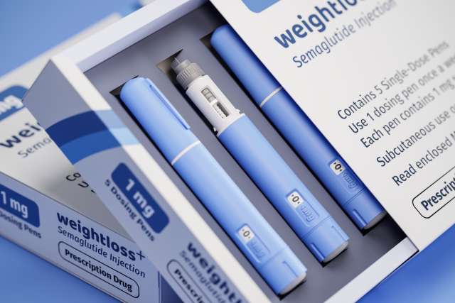 Blue semaglutide injection pens in a box labeled for weight loss.